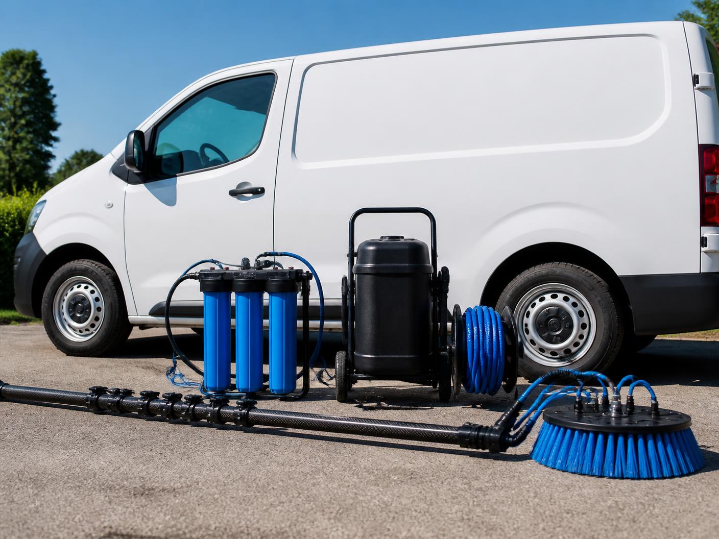 Matériel de nettoyage : perche carbone, brosse et eau osmosée
