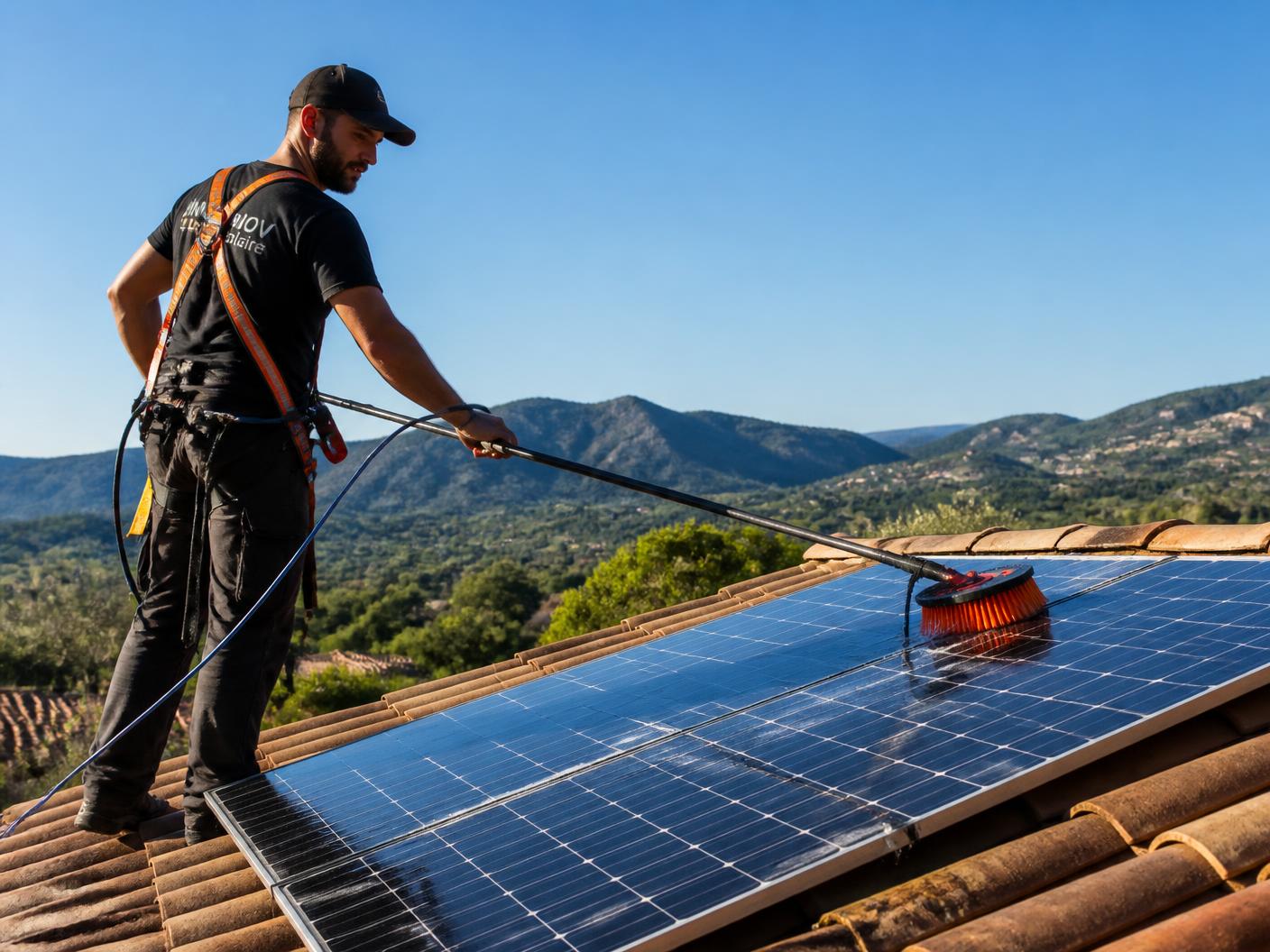 Technicien nettoyant des panneaux solaires sur un toit