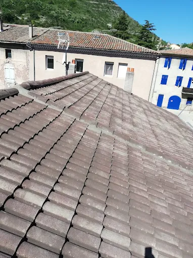 Toiture aux tuiles grisées et ternies avant travaux