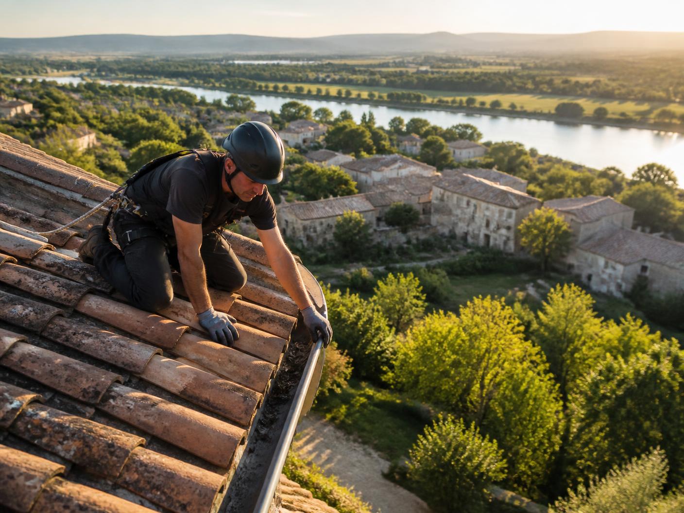 Artisan sur un toit avec vue sur la vallée du Rhône