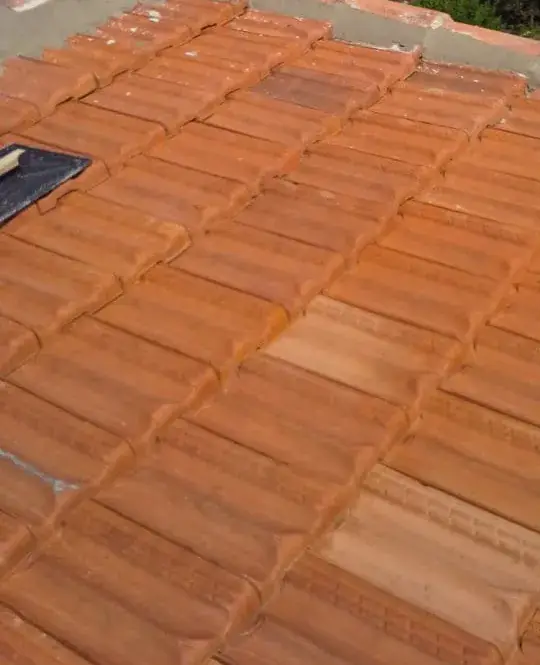 Pan de toiture en tuiles orangées, bordé en haut d'une bande de mortier gris que longe une rangée orangée