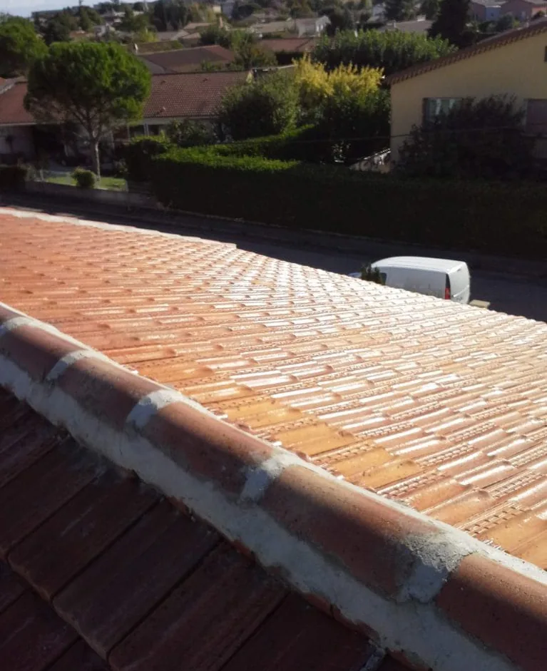 Faîtage scellé au mortier au premier plan et grand pan de tuiles, vue depuis le toit