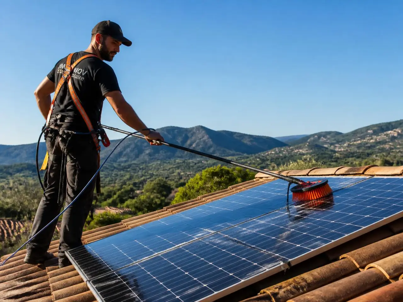 Nettoyage de panneaux solaires à la brosse montée sur perche
